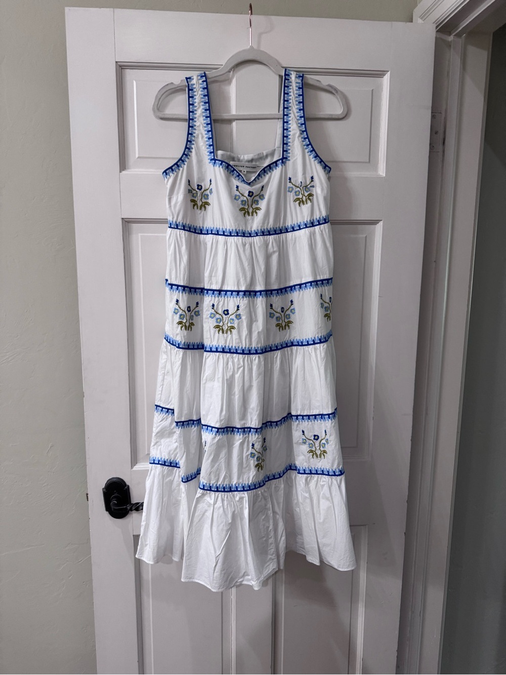 English Factory White Midi Dress with Blue Trim and Green Floral Embroidery